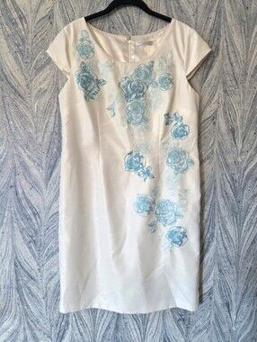 Jacques Vert Cream Women's Dress with Blue Rose Embroidery Size 12 petite